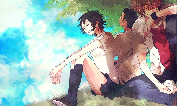 Anime picture 1500x900 with toki wo kakeru shoujo madhouse konno makoto mamiya chiaki tsuda kousuke yamako (state of children) short hair black hair smile brown hair wide image sitting sky eyes closed open clothes open shirt girl boy uniform plant (plants)