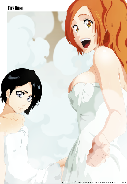 Anime picture 2500x3611 with bleach studio pierrot kuchiki rukia inoue orihime themnaxs long hair tall image highres short hair breasts open mouth light erotic black hair smile large breasts bare shoulders multiple girls looking back orange hair wet