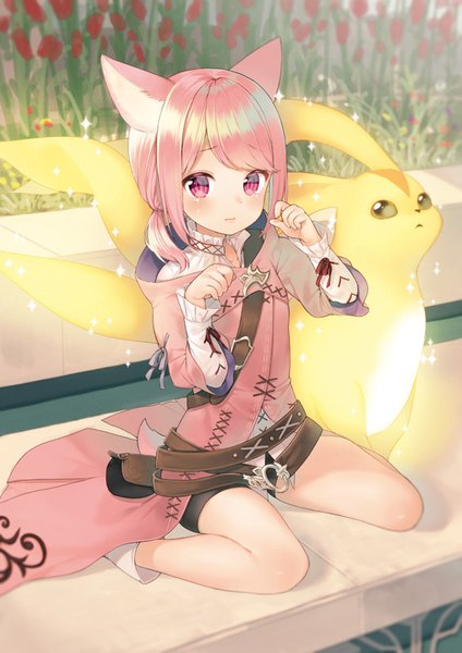 Anime picture 566x800 with final fantasy final fantasy xiv square enix miqo'te carbuncle (final fantasy) midorikawa you single tall image looking at viewer blush short hair smile sitting twintails animal ears looking away pink hair bent knee (knees) pink eyes cat ears