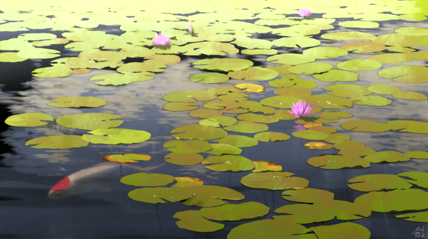 Anime picture 1096x615 with original mocha (cotton) wide image lake flower (flowers) animal fish (fishes) water lily koi