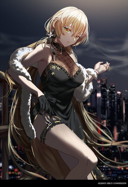 Anime picture 1000x1457 with girls frontline ots-14 (girls frontline) ots-14 (sangria succulent) (girls' frontline) silence girl single long hair tall image looking at viewer blush fringe breasts light erotic blonde hair hair between eyes standing bare shoulders signed yellow eyes payot bent knee (knees)