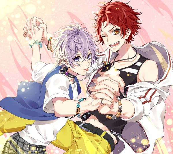 Anime picture 900x800 with original kyomei looking at viewer fringe short hair open mouth blue eyes hair between eyes bare shoulders purple hair red hair one eye closed multiple boys bare belly orange eyes holding hands messy hair boy choker bracelet