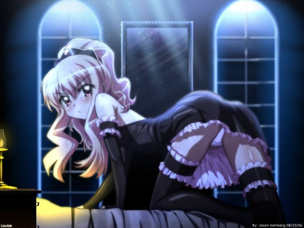 Anime picture 1024x768 with zero no tsukaima j.c. staff louise francoise le blanc de la valliere blush light erotic pink hair pink eyes on all fours lolita fashion goth-loli underwear panties frills bed