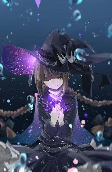 Anime picture 780x1200 with wadanohara and the great blue sea wadanohara maou skun single long hair tall image fringe smile brown hair braid (braids) eyes closed pleated skirt twin braids magic underwater witch girl skirt bow hair bow