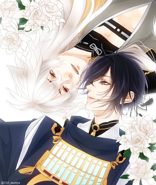 Anime picture 800x949 with touken ranbu nitroplus mikazuki munechika kogitsunemaru nihit0 long hair tall image short hair open mouth blue eyes black hair smile red eyes white background white hair traditional clothes japanese clothes profile multiple boys shounen ai