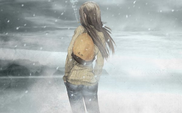 Anime picture 1920x1200 with memories of emanon (manga) emanon jakuro highres black hair wide image wind from behind snowing winter smoke snow hands in pockets smoking girl sweater bag cigarette jeans