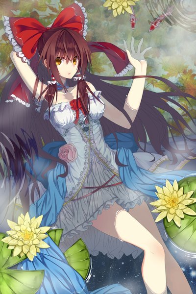 Anime picture 2000x3000 with touhou hakurei reimu suisai single long hair tall image highres brown hair yellow eyes girl dress flower (flowers) bow hair bow fish (fishes)