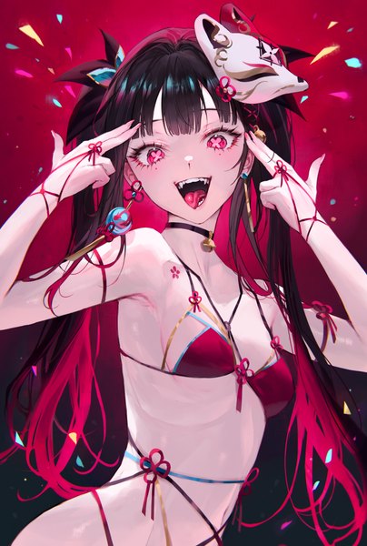 Anime picture 3275x4866 with honkai: star rail honkai (series) sparkle (honkai: star rail) qiandaiyiyu single long hair tall image looking at viewer blush fringe highres breasts open mouth light erotic black hair simple background smile twintails absurdres blunt bangs