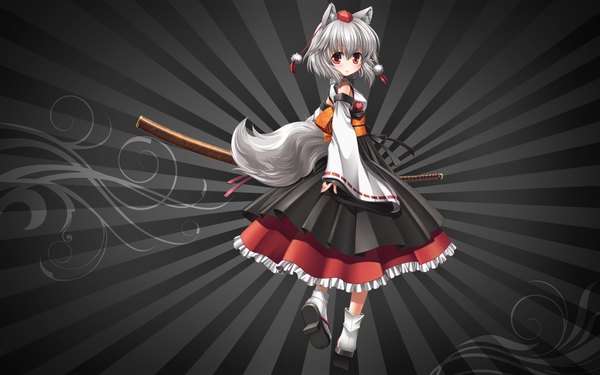 Anime picture 1920x1200 with touhou inubashiri momiji tagme (artist) single highres short hair red eyes wide image animal ears silver hair tail grey background girl dress weapon detached sleeves sword