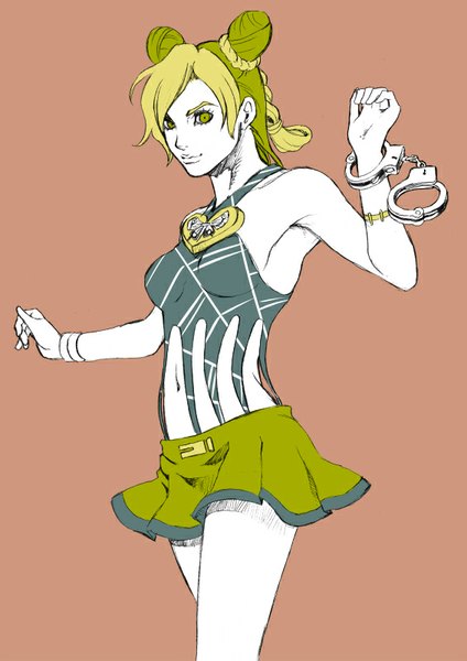 Anime picture 566x800 with jojo no kimyou na bouken kujo jolyne chounorin single tall image looking at viewer blonde hair simple background smile bare shoulders green eyes braid (braids) multicolored hair green hair two-tone hair armpit (armpits) hair bun (hair buns) spread arms brown background girl
