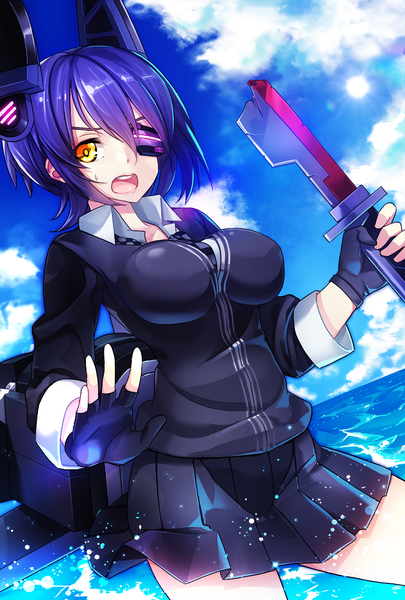 Anime picture 900x1331 with kantai collection tenryuu light cruiser nansui single tall image looking at viewer fringe short hair breasts open mouth large breasts standing yellow eyes sky purple hair cloud (clouds) pleated skirt wind dutch angle horizon