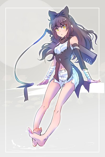 Anime picture 2671x4000 with rwby rooster teeth blake belladonna iesupa single long hair tall image looking at viewer highres breasts black hair simple background sitting yellow eyes barefoot grey background bare legs border soles outline