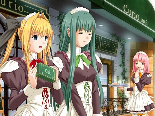 Anime picture 1024x768 with parfait chocolat second brew blue eyes blonde hair multiple girls green eyes pink hair game cg maid girl 3 girls