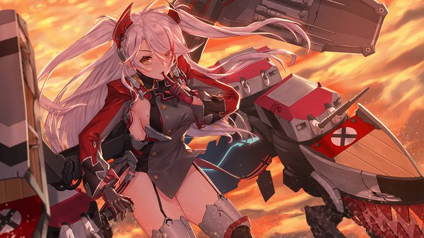 Anime picture 1680x945 with azur lane prinz eugen (azur lane) whitem (whiteemperor2020) single long hair looking at viewer blush fringe breasts light erotic hair between eyes wide image standing brown eyes silver hair ahoge multicolored hair wind mole two-tone hair
