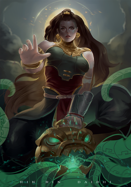 Anime picture 698x1000 with league of legends illaoi (league of legends) rinrindaishi single long hair tall image looking at viewer black hair green eyes lips tattoo facial mark girl earrings armor clothes vambraces