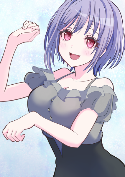 Anime picture 2894x4093 with bang dream! bang dream! it's mygo!!!!! yuutenji nyamu single tall image looking at viewer blush fringe highres short hair breasts open mouth simple background red eyes large breasts standing bare shoulders purple hair :d short sleeves