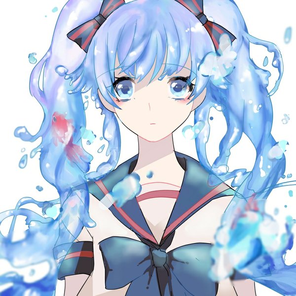 Anime picture 800x800 with vocaloid hatsune miku bottle miku usashi single long hair looking at viewer fringe blue eyes simple background white background twintails aqua hair liquid hair girl bow hair bow animal fish (fishes)