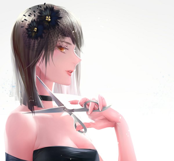 Anime picture 1000x926 with original turukokoko single looking at viewer short hair simple background brown hair white background bare shoulders holding parted lips profile hair flower lips orange eyes hairdressing cutting hair girl hair ornament flower (flowers)
