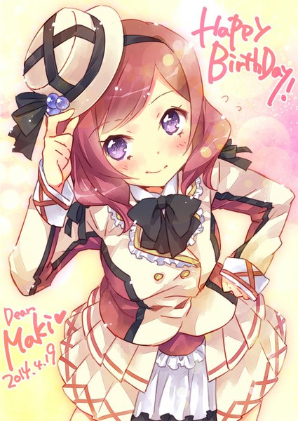 Anime picture 627x885 with love live! school idol project sunrise (studio) love live! nishikino maki ech single tall image looking at viewer blush short hair smile brown hair purple eyes from above inscription character names hand on hip happy birthday girl hat