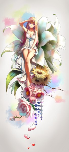 Anime picture 730x1600 with original catcan single long hair tall image looking at viewer blue eyes blonde hair pointy ears girl dress flower (flowers)