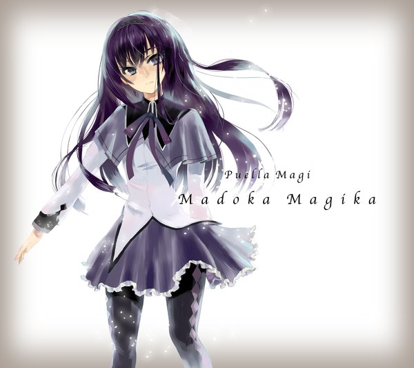 Anime picture 2788x2480 with mahou shoujo madoka magica shaft (studio) akemi homura asakaya (artist) single long hair highres simple background white background purple eyes purple hair inscription girl hairband