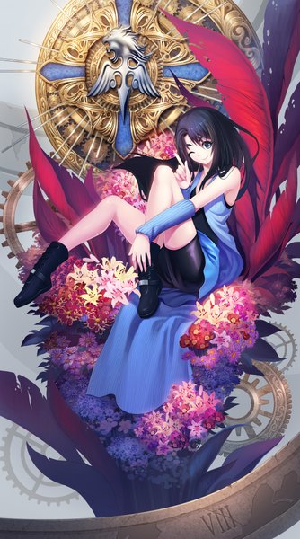 Anime picture 2539x4552 with final fantasy final fantasy viii square enix rinoa heartilly diamond dust single long hair tall image looking at viewer highres blue eyes black hair simple background smile sitting bare shoulders full body bent knee (knees) head tilt one eye closed
