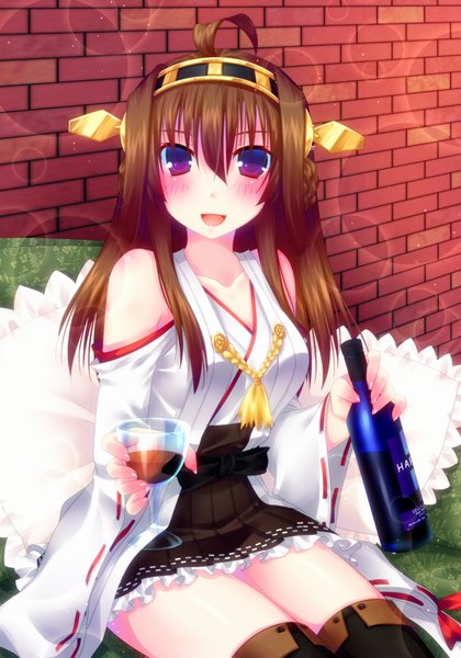 Anime picture 700x1000 with kantai collection kongou battleship door to heaven single long hair tall image blush open mouth brown hair sitting purple eyes nontraditional miko girl hair ornament detached sleeves