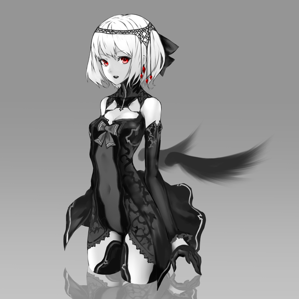 Anime picture 1000x1000 with original cancell single looking at viewer fringe short hair breasts open mouth light erotic simple background red eyes standing white hair grey background covered navel monochrome reflection black wings girl gloves