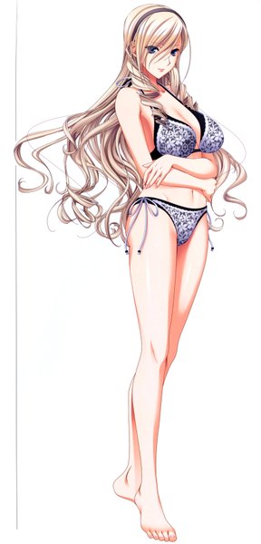 Anime picture 3366x7000 with walkure romanze celia kumani entory komori kei single long hair tall image looking at viewer highres breasts blue eyes light erotic simple background blonde hair standing white background bare shoulders absurdres game cg barefoot scan