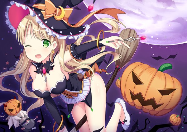 Anime picture 1753x1240 with original amemiya ruki single long hair looking at viewer highres breasts open mouth light erotic blonde hair green eyes cleavage one eye closed wink sparkle halloween ;d broom riding girl detached sleeves