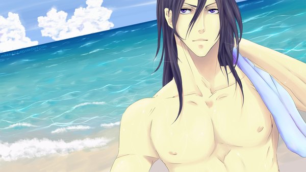 Anime picture 2000x1133 with bleach studio pierrot kuchiki byakuya nikea777 single long hair highres black hair wide image purple eyes blue hair sky purple hair cloud (clouds) wet beach horizon summer boy sea