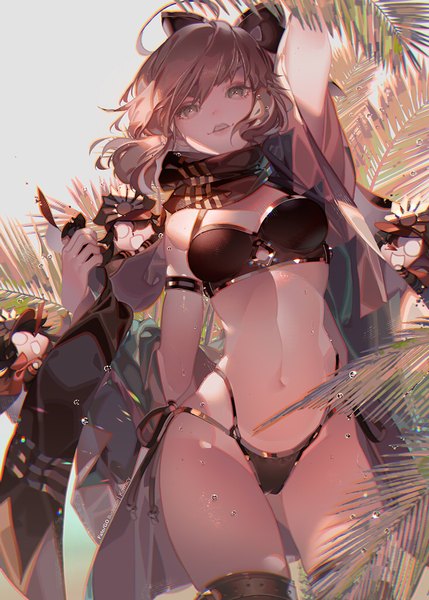 Anime picture 732x1024 with fate (series) fate/grand order okita souji (fate) (all) oda nobunaga (fate) (all) oda nobunaga (fate) okita souji (swimsuit assassin) (fate) kawacy single tall image looking at viewer fringe short hair breasts light erotic hair between eyes brown hair standing bare shoulders holding brown eyes