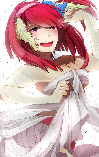 Anime picture 1200x1900 with magi the labyrinth of magic a-1 pictures morgiana hibiya single tall image looking at viewer blush short hair open mouth light erotic simple background white background bare shoulders red hair pink eyes no bra one side up dancing girl