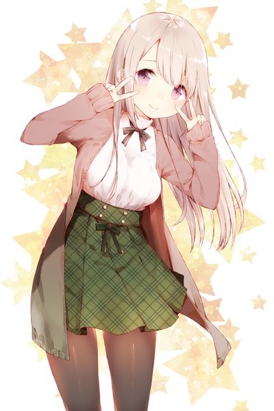 Anime picture 1200x1800 with original manatsuki manata single long hair tall image blush fringe smile purple eyes silver hair leaning plaid skirt victory girl skirt pantyhose black pantyhose star (symbol) cardigan green skirt