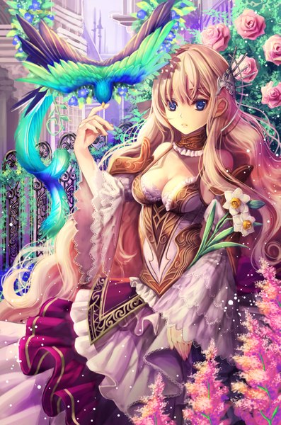 Anime picture 2325x3508 with original okuma mai single long hair tall image looking at viewer highres blue eyes blonde hair girl dress hair ornament flower (flowers) detached sleeves animal bird (birds) rose (roses)