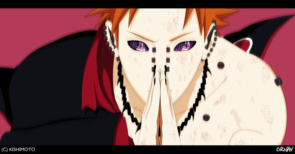 Anime picture 3036x1593 with naruto studio pierrot naruto (series) pain (naruto) deva path ornav single looking at viewer highres short hair wide image purple eyes signed nail polish orange hair piercing coloring portrait reflection pink background