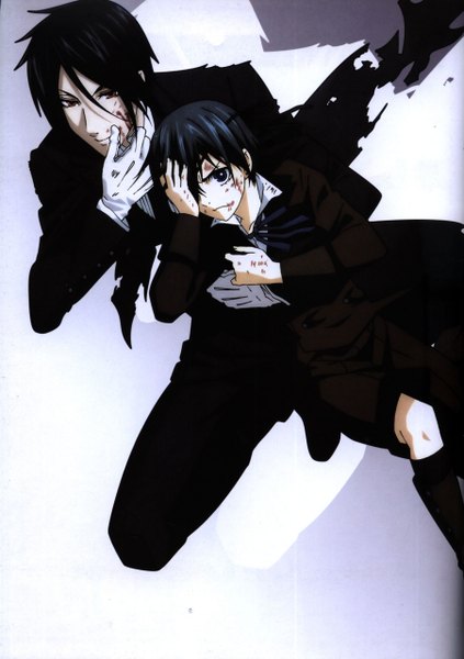 Anime picture 1804x2560 with kuroshitsuji a-1 pictures sebastian michaelis ciel phantomhive tall image looking at viewer highres short hair blue eyes black hair red eyes multiple boys butler aristocrat boy gloves necktie blood 2 boys eyepatch