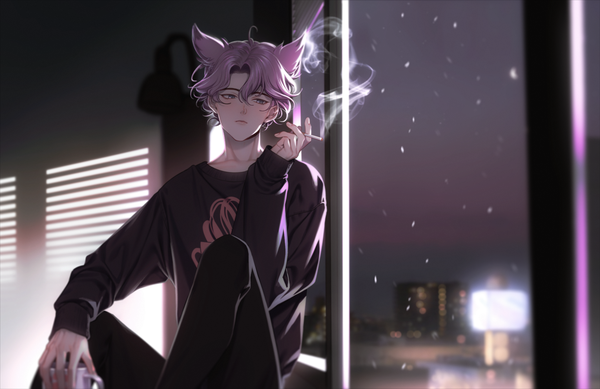 Anime picture 1620x1052 with original e7 (runaway162) single fringe short hair hair between eyes sitting holding animal ears looking away pink hair ahoge bent knee (knees) indoors cat ears night shadow grey eyes city sleeves past wrists