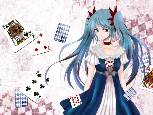 Anime picture 1500x1125 with vocaloid hatsune miku single long hair twintails aqua eyes aqua hair girl dress card (cards)