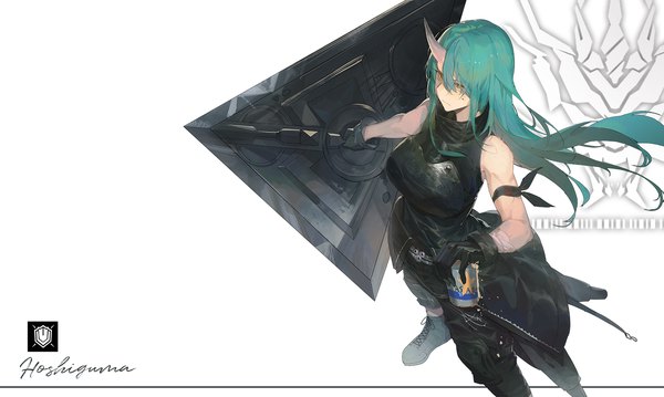 Anime picture 1500x897 with arknights hoshiguma (arknights) kuroduki (pieat) single long hair fringe wide image standing white background yellow eyes horn (horns) from above hair over one eye aqua hair character names oni horns girl shield can