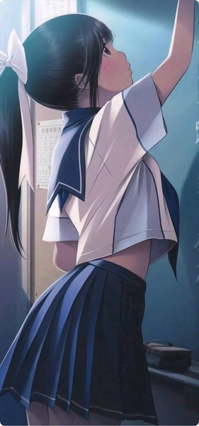 Anime picture 1350x2878 with love plus takane manaka mino tarou single long hair tall image blush fringe standing ponytail indoors pleated skirt arm up outstretched arm looking up third-party edit classroom cropped girl skirt