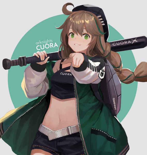 Anime picture 1136x1200 with arknights cuora (arknights) sl86 single long hair tall image looking at viewer fringe hair between eyes brown hair green eyes ahoge multicolored hair open jacket midriff streaked hair copyright name character names pointing at viewer girl