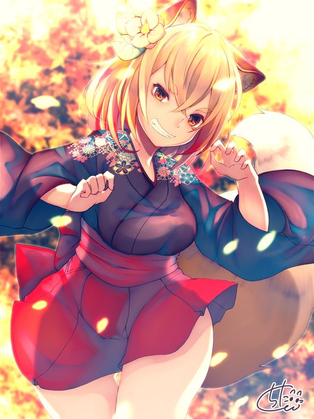 Anime-Bild 1500x2000 mit original chita (ketchup) single tall image looking at viewer blush fringe short hair blonde hair smile hair between eyes signed animal ears tail traditional clothes japanese clothes animal tail hair flower blurry wide sleeves