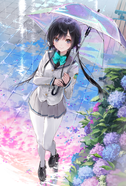 Anime picture 609x900 with original dsmile single long hair tall image looking at viewer blush fringe black hair smile hair between eyes standing twintails holding payot full body outdoors long sleeves pleated skirt from above