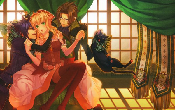 Anime picture 8598x5400 with beast master and prince (game) idea factory tiana (beast master and prince) klaus (beast master and prince) silvio (beast master and prince) long hair highres short hair blue eyes blonde hair brown hair sitting holding green eyes yellow eyes blue hair absurdres purple hair sunlight multiple boys