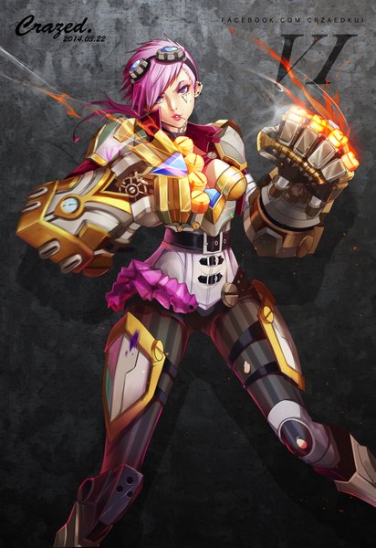 Anime picture 1625x2362 with league of legends vi (league of legends) crazed single long hair tall image looking at viewer highres purple eyes holding signed pink hair mouth hold facial mark goggles on head girl weapon armor goggles wall