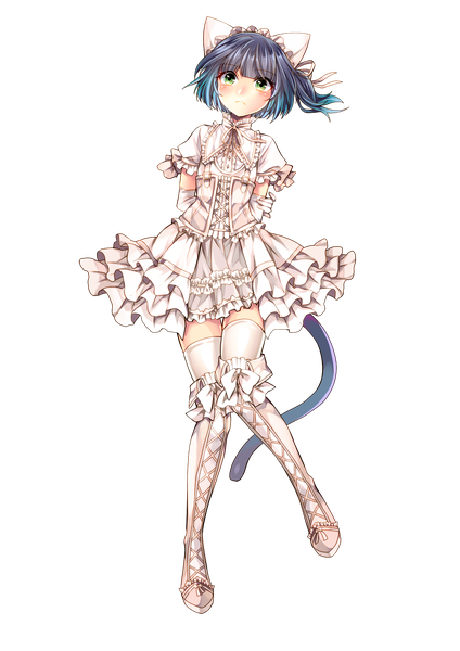 Anime picture 1414x2000 with utau ryone yami toudou charo single tall image looking at viewer blush fringe short hair simple background standing green eyes animal ears blue hair purple hair bent knee (knees) tail animal tail multicolored hair cat ears