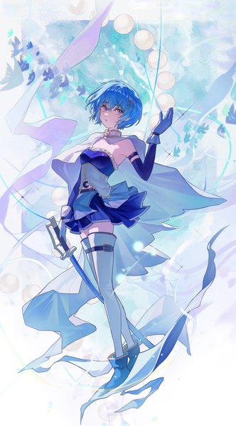 Anime picture 3260x5895 with mahou shoujo madoka magica shaft (studio) miki sayaka zutto (dfvn7377) single tall image fringe highres short hair hair between eyes blue hair absurdres full body arm up magical girl girl thighhighs gloves weapon detached sleeves