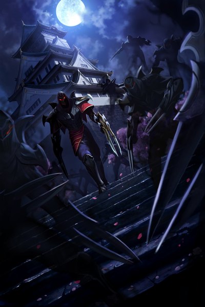 Anime picture 1000x1500 with league of legends zed (league of legends) tall image looking at viewer red eyes cloud (clouds) shadow jumping boy weapon petals armor building (buildings) moon mask full moon stairs helmet thorns