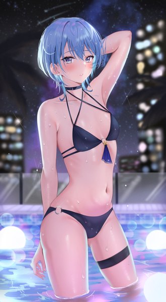 Anime picture 2358x4291 with virtual youtuber hololive hoshimachi suisei shinigami kiraki single tall image looking at viewer blush fringe highres short hair breasts blue eyes light erotic hair between eyes standing blue hair arm up night armpit (armpits)